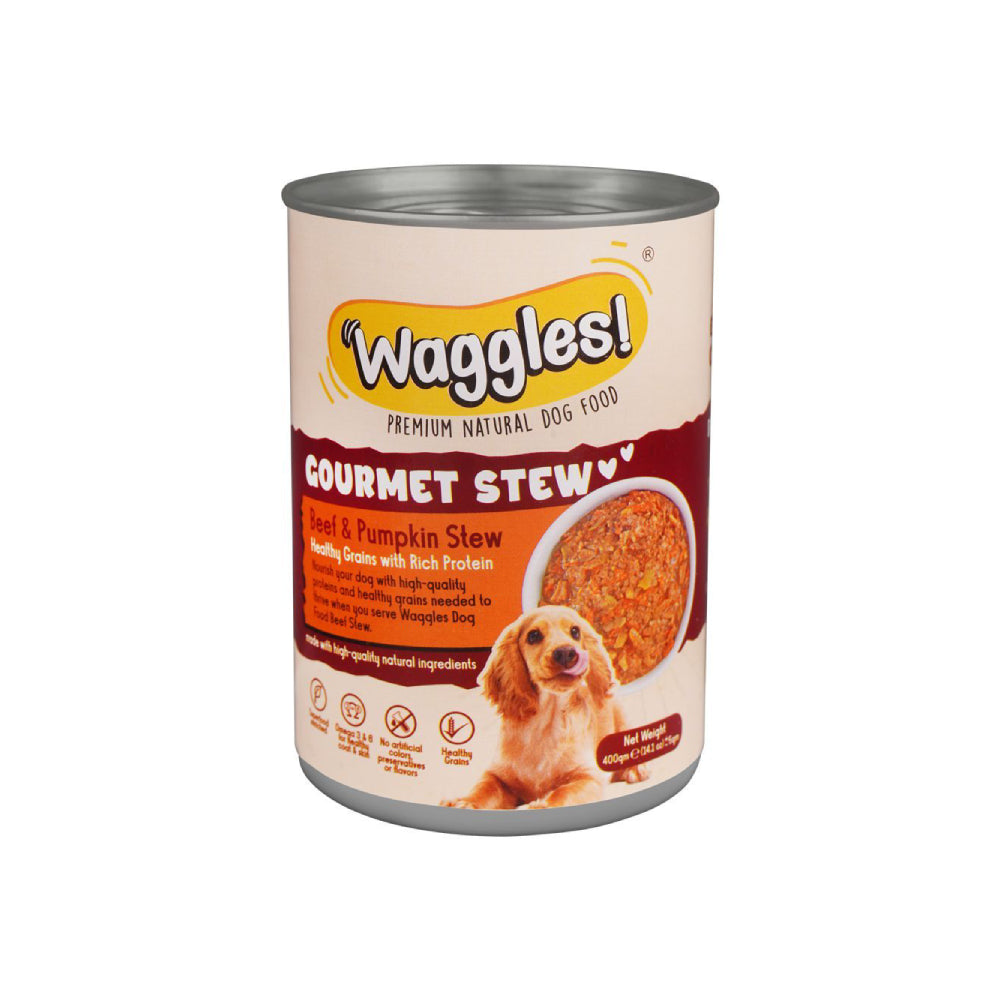 Can of Waggles Gourmet Stew dog food 